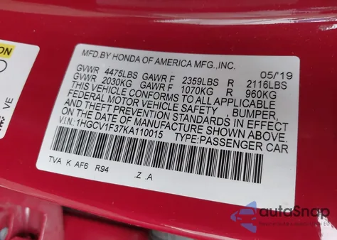 2019 Honda Accord Sport z USA, uszkodzony, nr VIN 1HGCV1F37KA110015